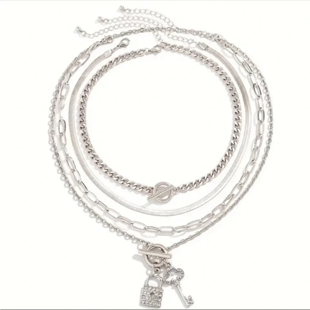 silver 4-piece minimalist snake chain necklace set rhinestones lock key pendant